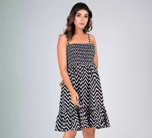 Chevron Printed Shoulder Strap Smocked Fit & Flare Dress