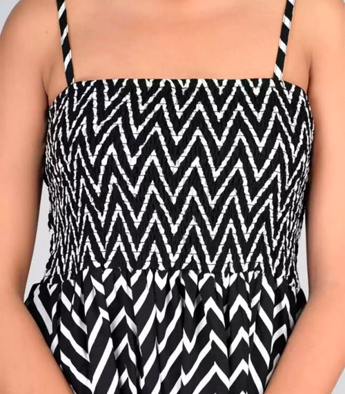 Chevron Printed Shoulder Strap Smocked Fit & Flare Dress